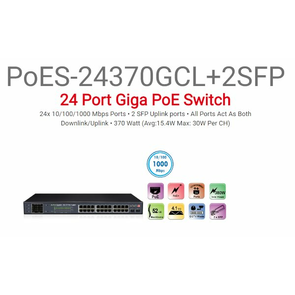 מתג Provison 24 PORT POE SWITCH 2XSFP UPLINK PORTS 380W Total